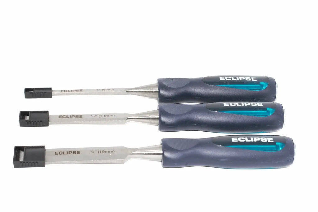 Eclipse Professional 3pc Wood Chisel Set by Cherry Tree Tools with soft feel ergonomic handles in dark blue