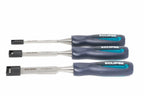 Eclipse Professional 3pc Wood Chisel Set by Cherry Tree Tools with soft feel ergonomic handles in dark blue
