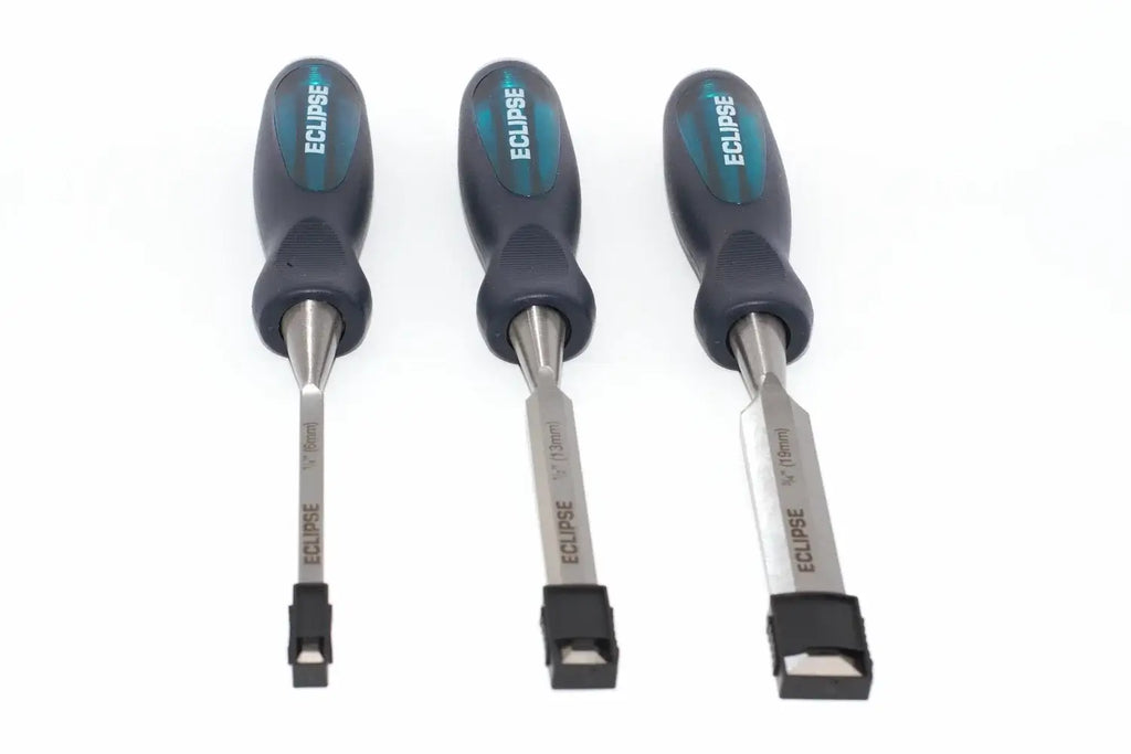 Eclipse Professional 3pc Wood Chisel Set by Cherry Tree Tools with soft feel ergonomic handles, three chisels