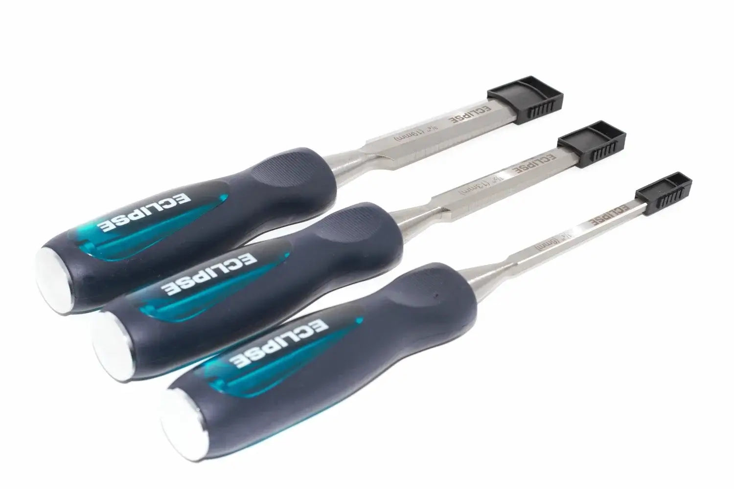 Eclipse Professional 3pc Wood Chisel Set by Cherry Tree Tools in dark blue with soft feel ergonomic handles