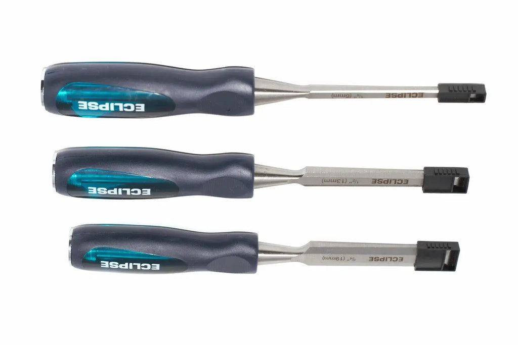 Eclipse Professional 3pc Wood Chisel Set by Cherry Tree Tools, chrome vanadium steel blades and soft grip handles