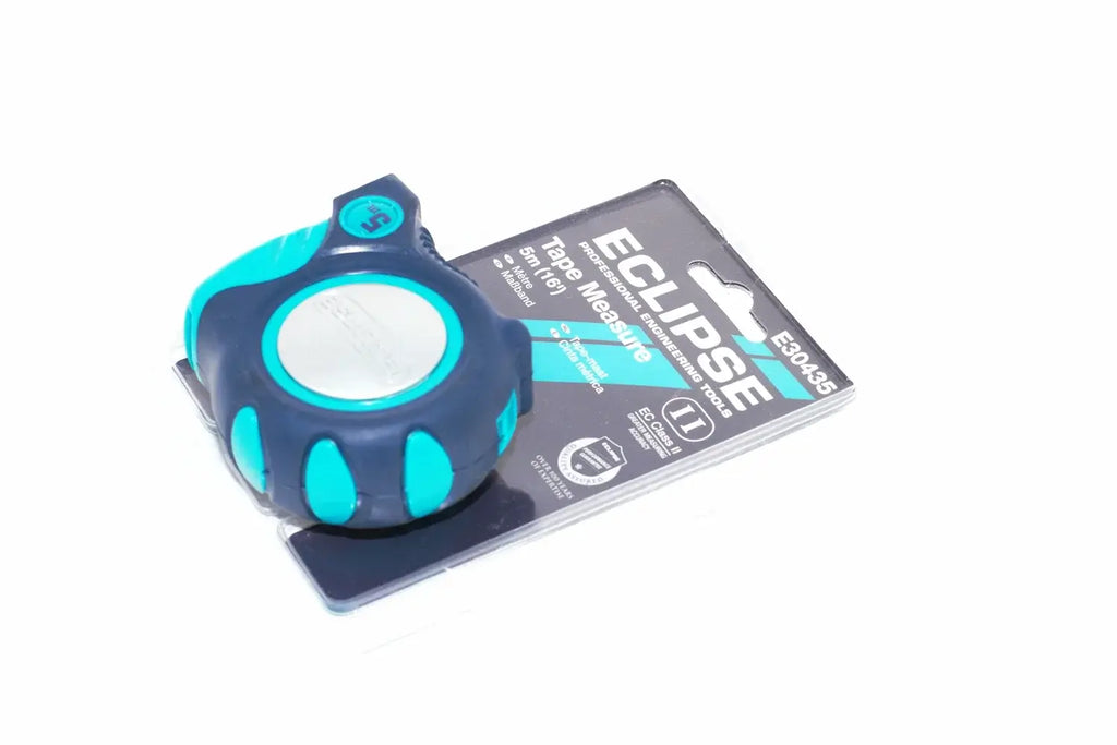 Eclipse Professional 5m tape measure by Cherry Tree Tools, blue soft grip handle and belt clip