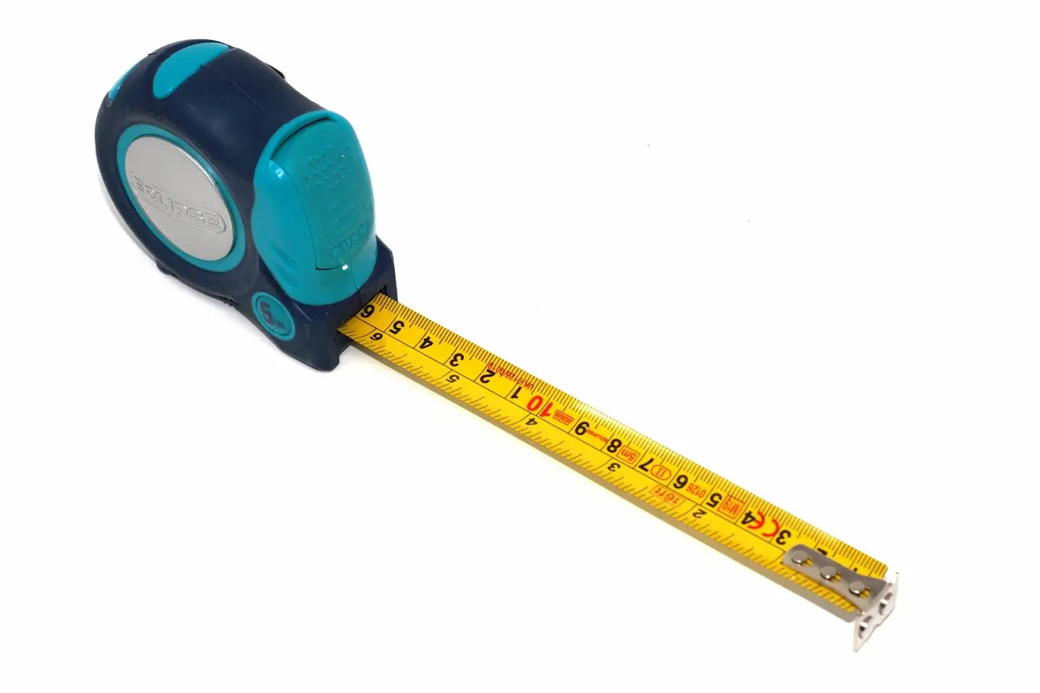 Eclipse Professional 5m Tape Measure by Cherry Tree Tools, soft grip handle in teal and black with belt clip