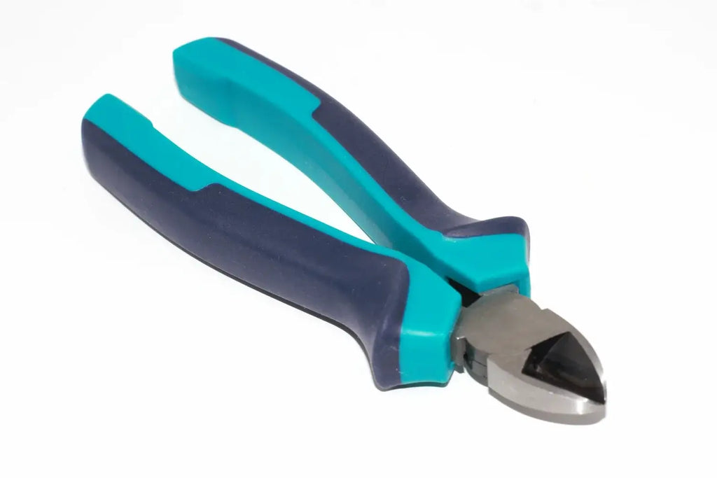 Eclipse 6" diagonal cutting nippers by Cherry Tree Tools, turquoise and dark blue, precision-ground blades