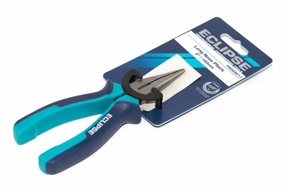 Eclipse Professional 6" Long Nose Pliers by Cherry Tree Tools, induction-hardened serrated jaws, teal and navy