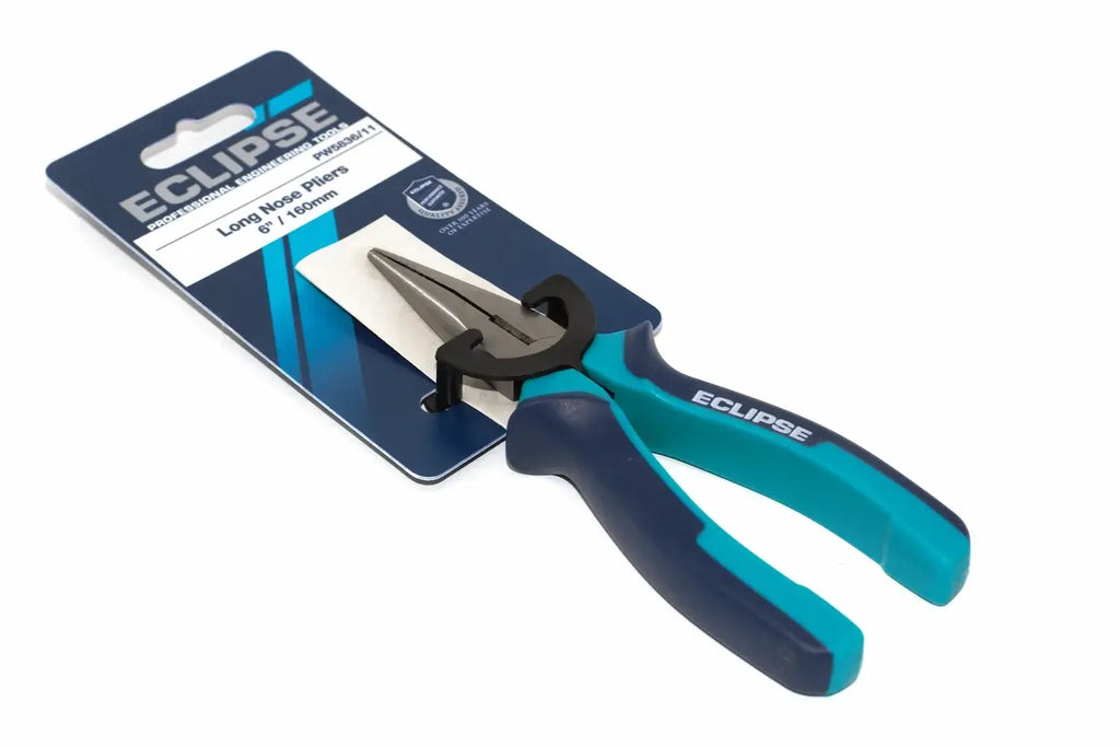 Eclipse Professional 6" Long Nose Pliers by Cherry Tree Tools, blue and black, serrated jaws
