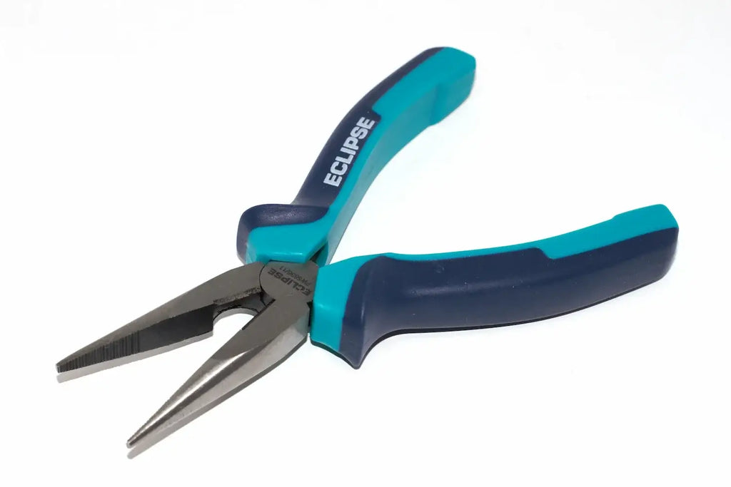 Eclipse Professional 6" Long Nose Pliers by Cherry Tree Tools in turquoise and navy with serrated jaws