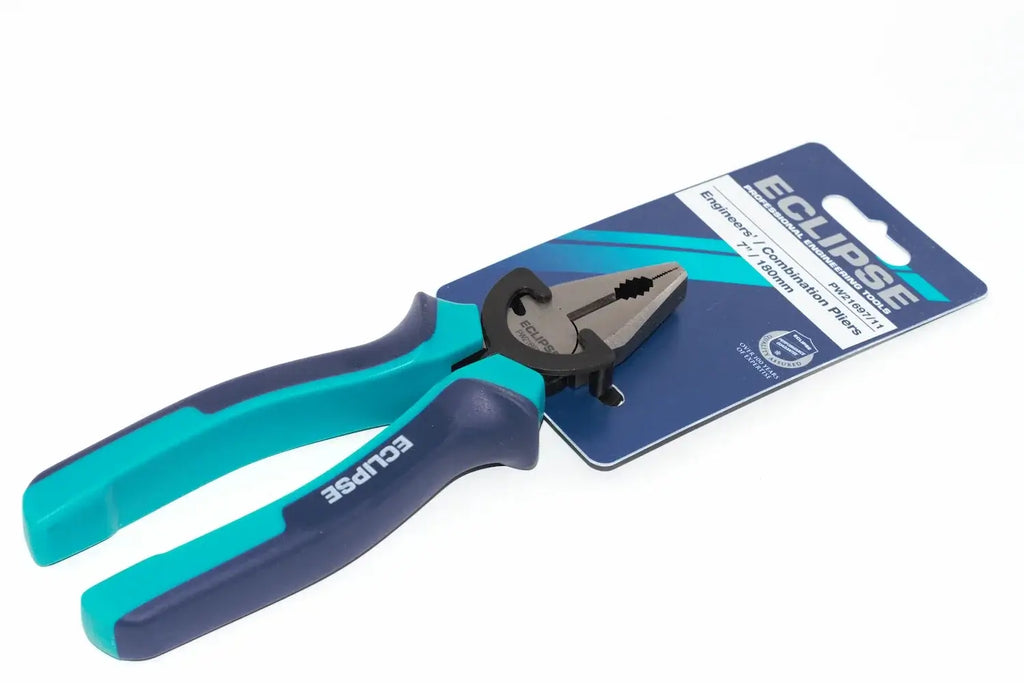 Eclipse Professional 7" Engineers Pliers by Cherry Tree Tools in turquoise and navy with Eclipse logo on the handles.