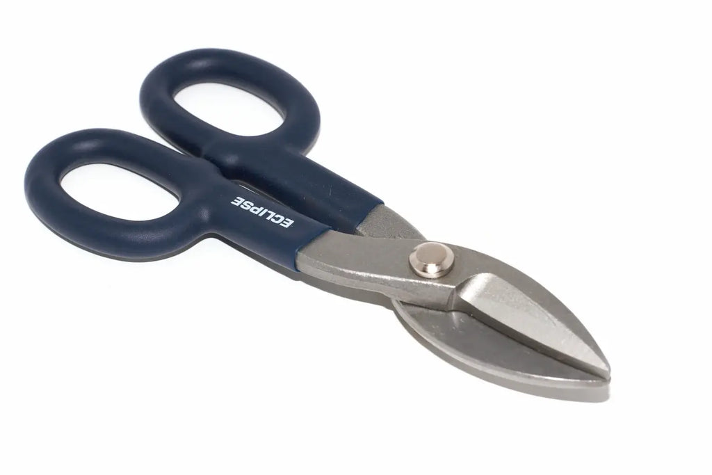 Eclipse Professional 7" tin snips by Cherry Tree Tools with hardened jaws, blue grips and silver blades