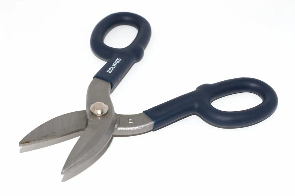 Eclipse Professional 7" tin snips by Cherry Tree Tools in blue and silver with ergonomic handles