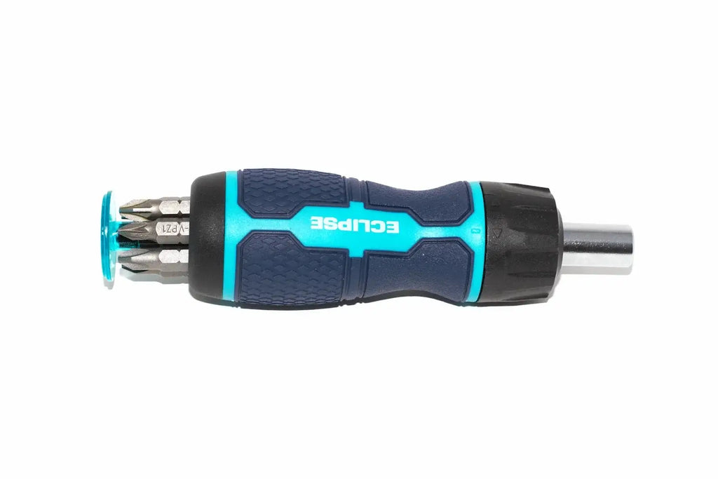 Eclipse 7pc Ratchet Screwdriver Set with ergonomic handle and adjustable ratchet mechanism.