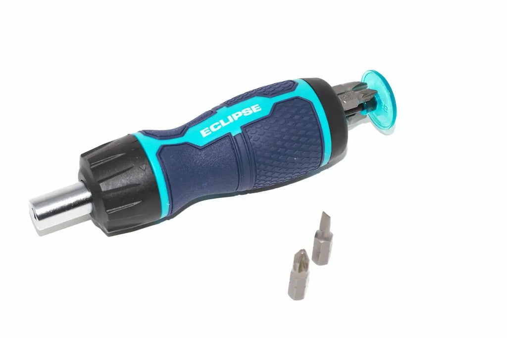Eclipse 7pc Ratchet Screwdriver Set with ergonomic handle and interchangeable bits.