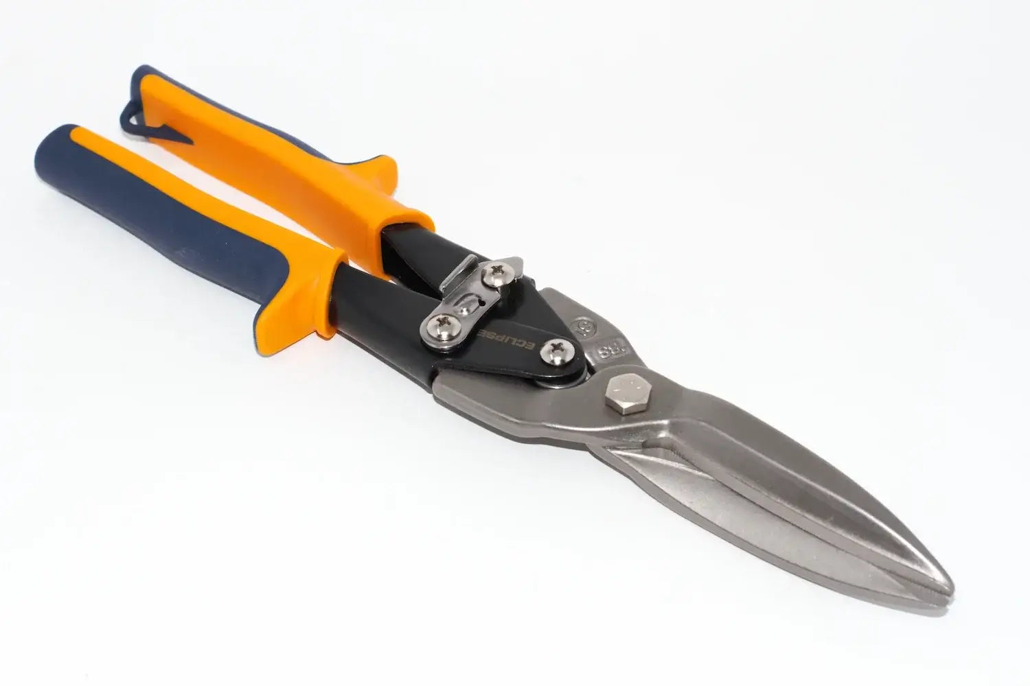 Eclipse Professional Tin Snips Extra Cut by Cherry Tree Tools, orange and black, pivot design for leverage