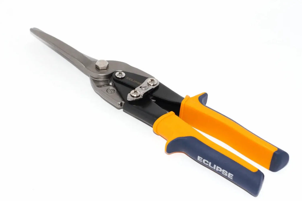 Eclipse Professional Tin Snips Extra Cut by Cherry Tree Tools in orange and black with pivot for leverage
