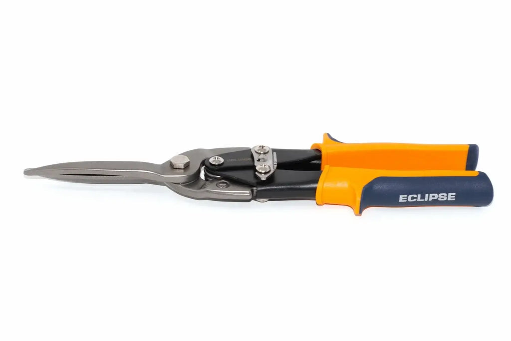 Eclipse Professional Tin Snips Extra Cut by Cherry Tree Tools in orange and navy with pivot leverage