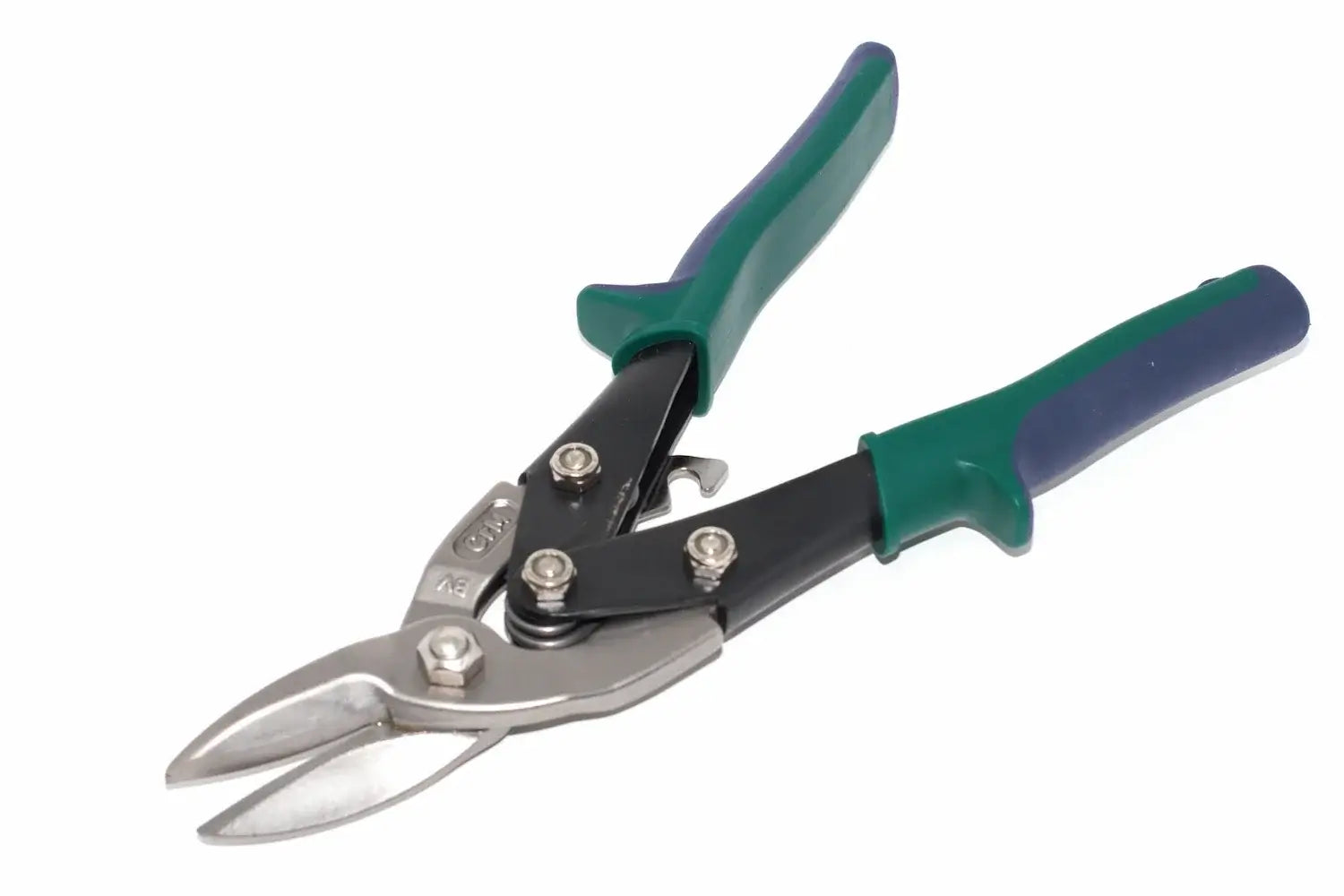 Eclipse Professional Tin Snips Right Hand Cut by Cherry Tree Tools, green and blue with spring loaded handles