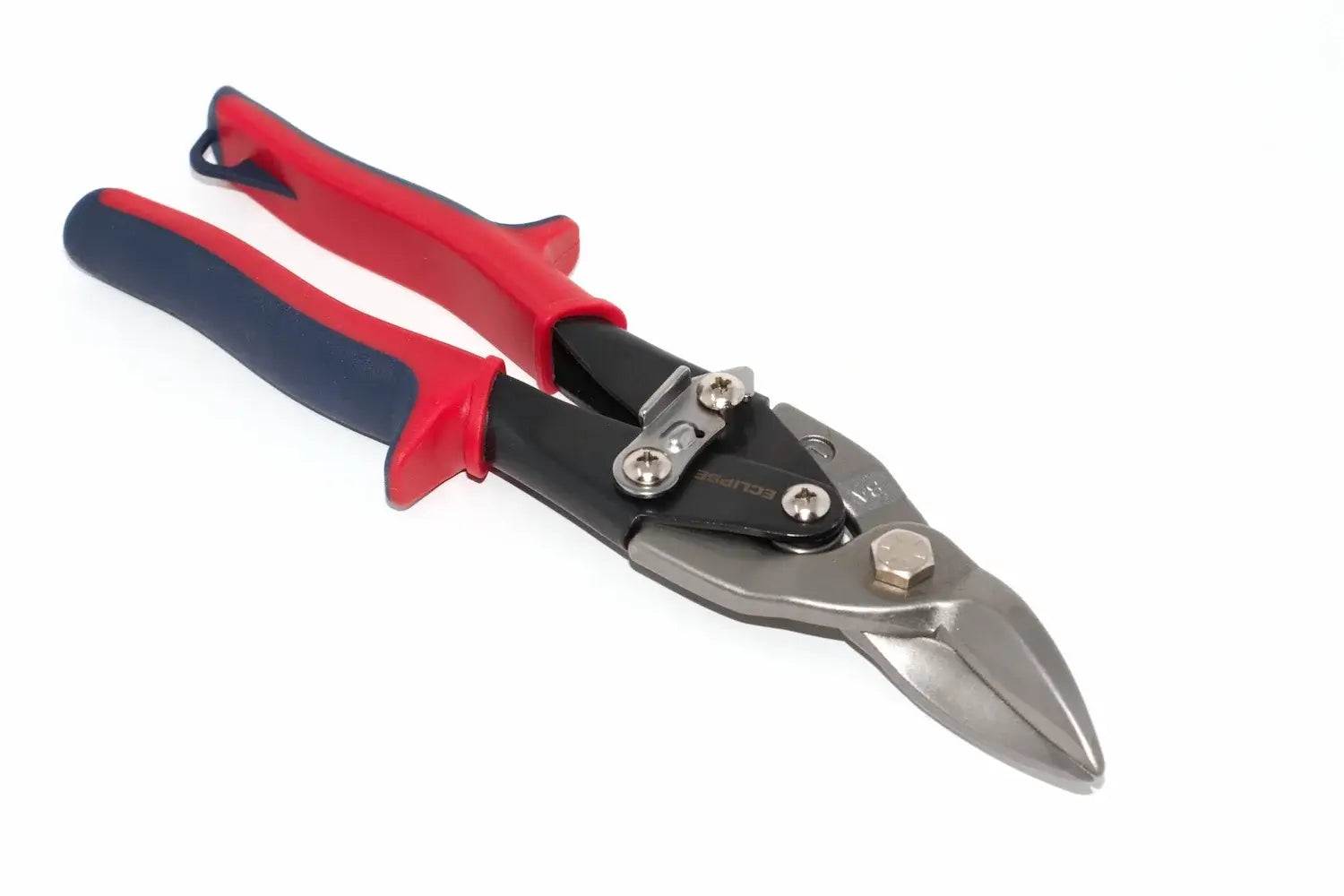 Eclipse Tin Snips Left Hand Cut by Cherry Tree Tools, red and black left-cut aviation snips with spring handles