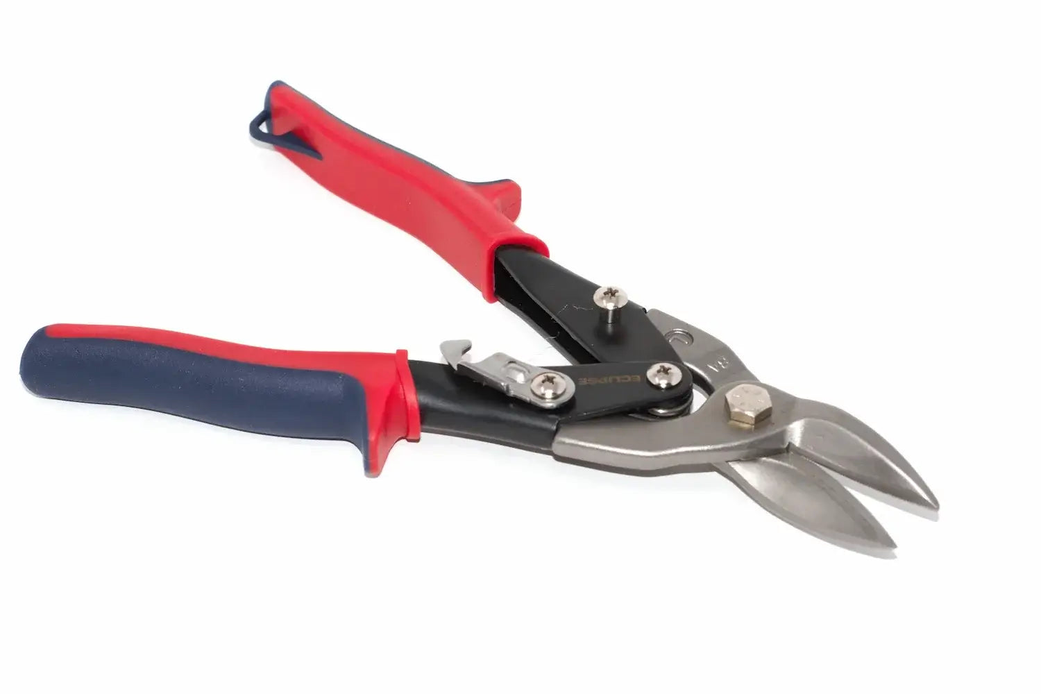 Eclipse Tin Snips Left Hand Cut by Cherry Tree Tools, red and navy handles, left cut aviation snips