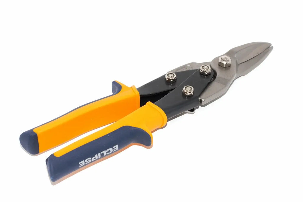 Eclipse Professional Tin Snips Straight Cut by Cherry Tree Tools, orange and navy with cushioned ergonomic grips