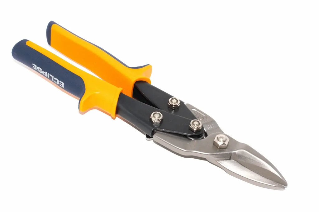 Eclipse Professional Tin Snips Straight Cut by Cherry Tree Tools in yellow and black with pivot leverage