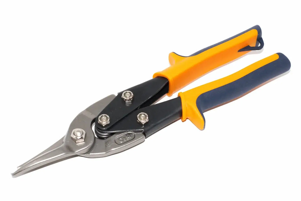 Eclipse Professional Tin Snips Straight Cut by Cherry Tree Tools in orange and black with cushioned ergonomic grips