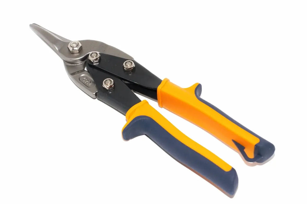 Eclipse Professional Tin Snips Straight Cut by Cherry Tree Tools with cushioned ergonomic grips, orange and black