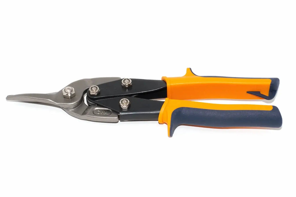 Eclipse Professional Tin Snips Straight Cut by Cherry Tree Tools, orange and grey, cushioned ergonomic grips