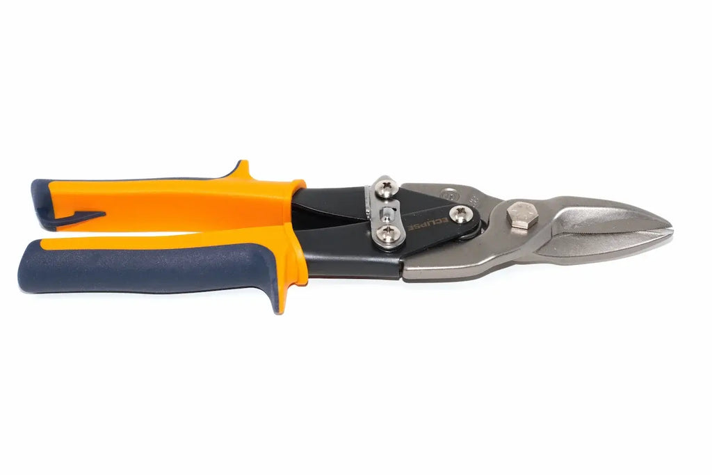 Eclipse Professional Tin Snips Straight Cut by Cherry Tree Tools, orange and navy with steel blades