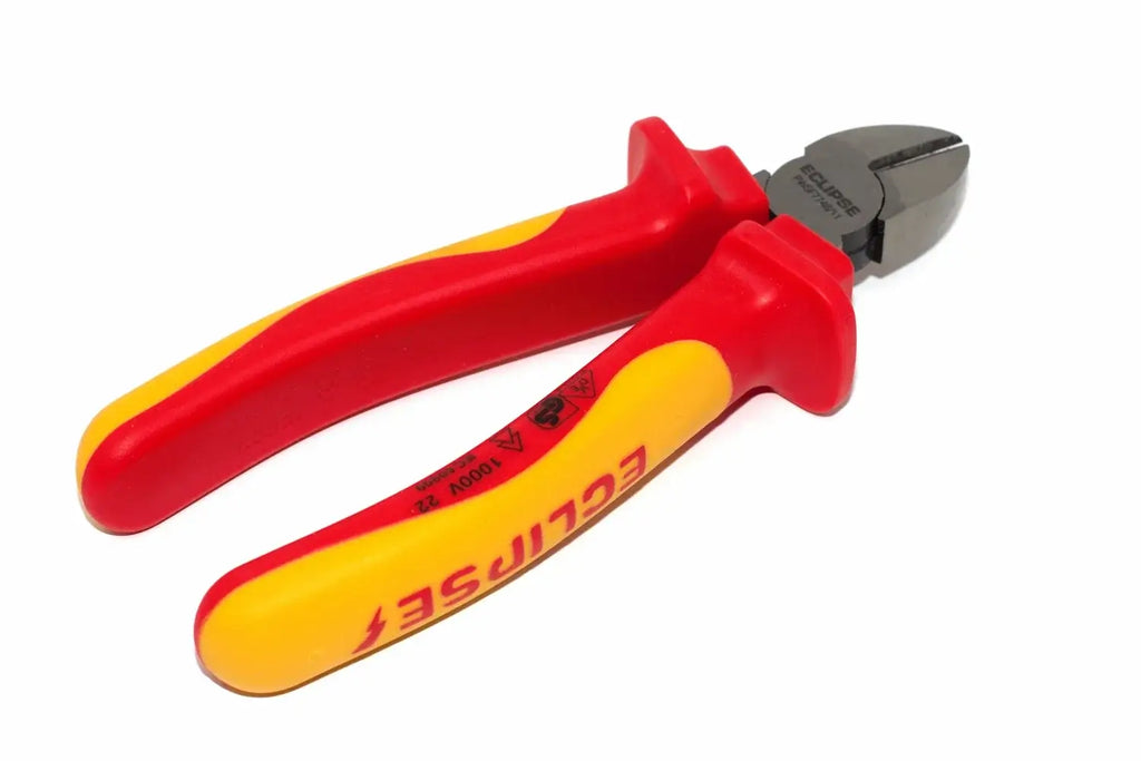 Eclipse Professional VDE Side Cut Pliers by Cherry Tree Tools, red and yellow insulated handles, tapered head