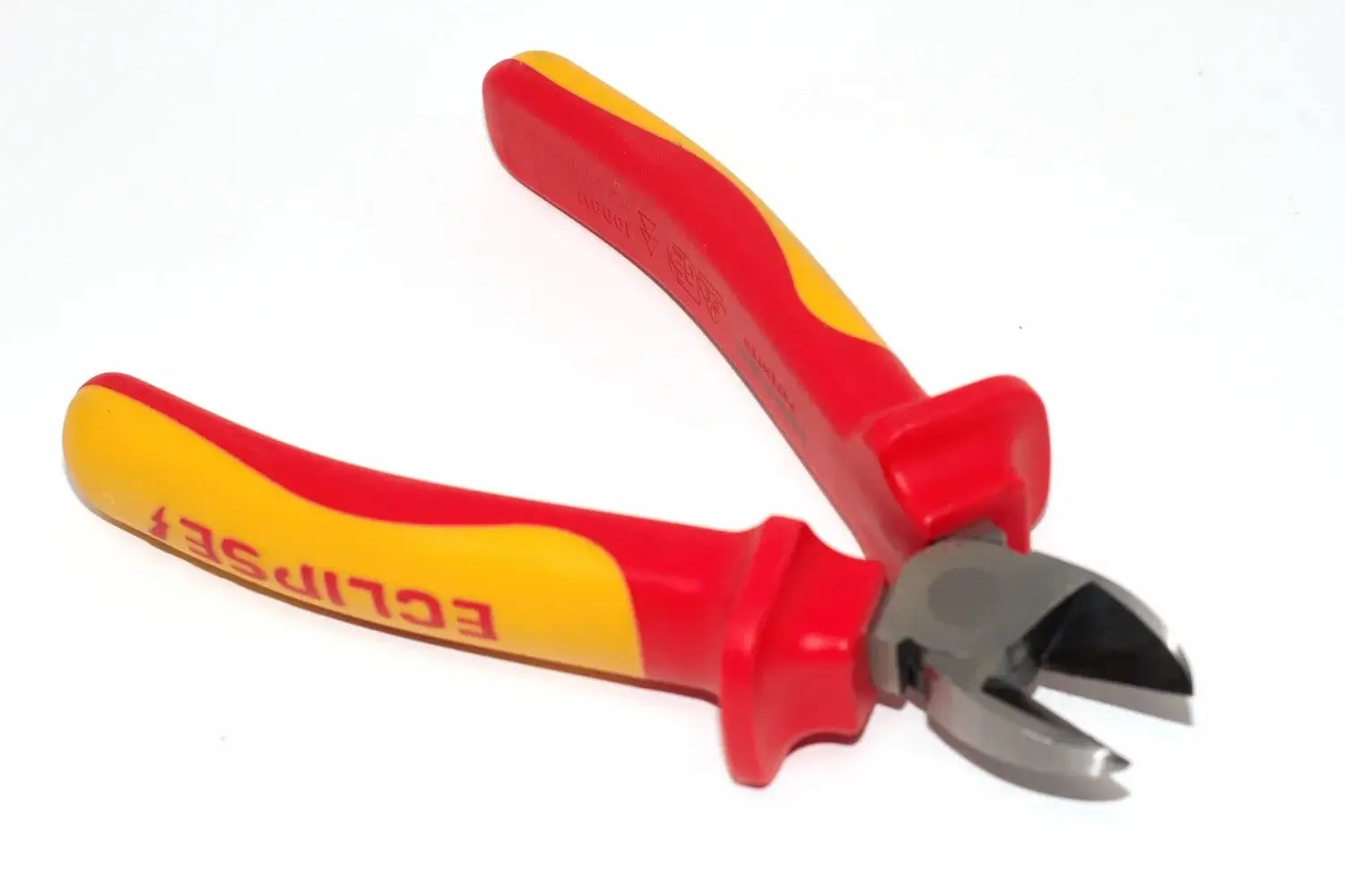 Eclipse Professional VDE Side Cut Pliers by Cherry Tree Tools, red and yellow insulated handles, tapered head