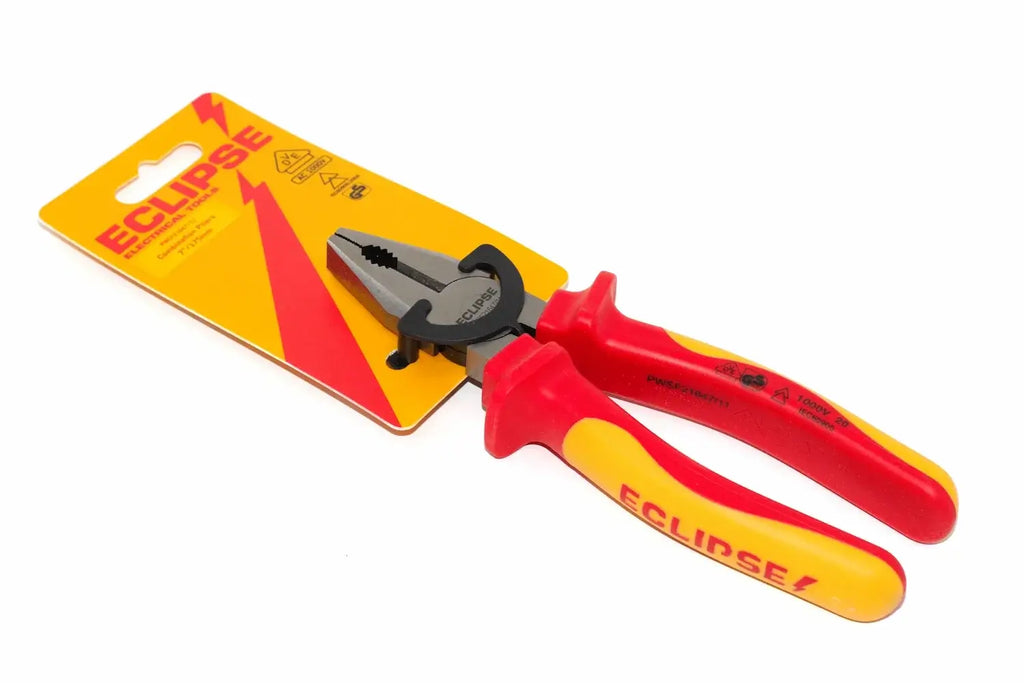 Eclipse 7" VDE insulated pliers by Cherry Tree Tools with ergonomic grip handles, red and yellow