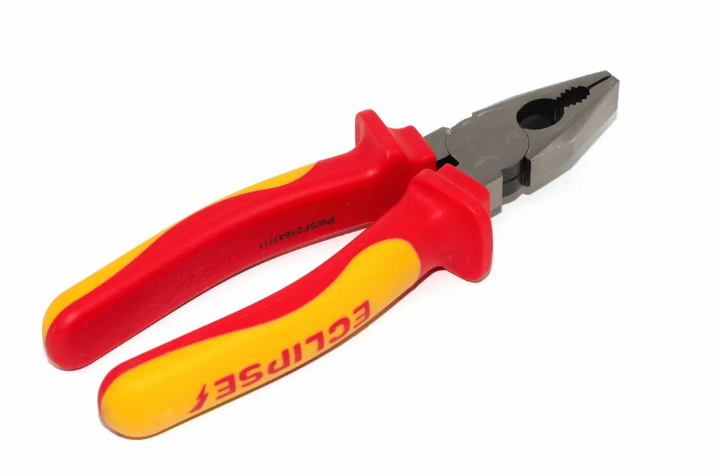 Eclipse 7" VDE insulated pliers by Cherry Tree Tools in red and yellow with ergonomic grip handles