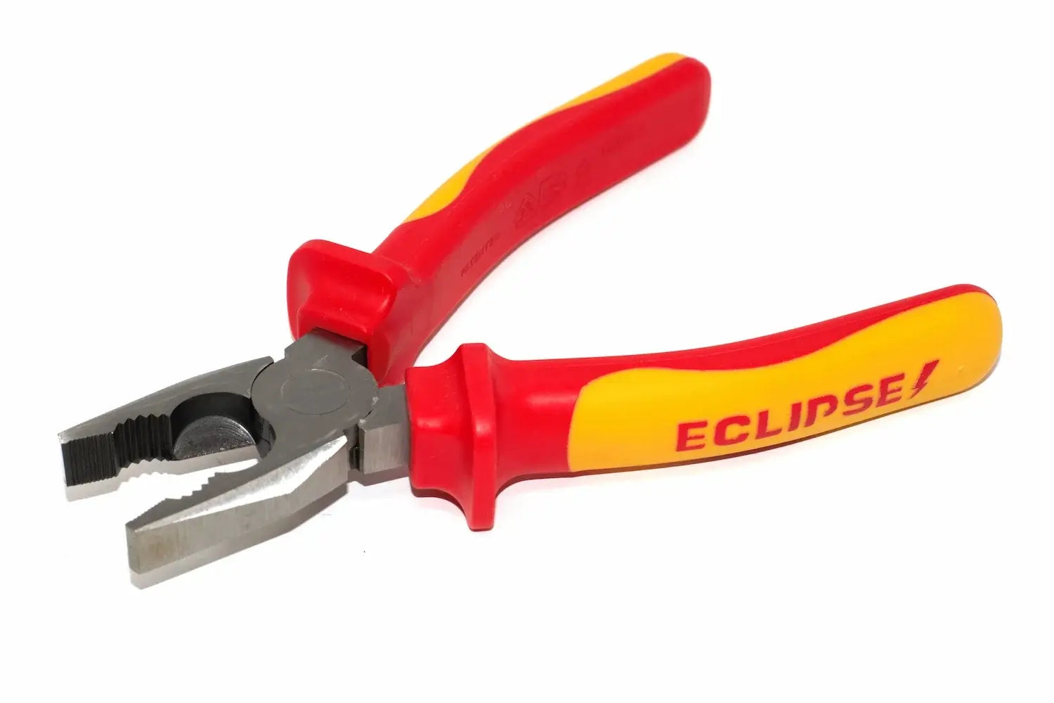 Eclipse 7" VDE insulated pliers by Cherry Tree Tools with red and yellow ergonomic grip handles