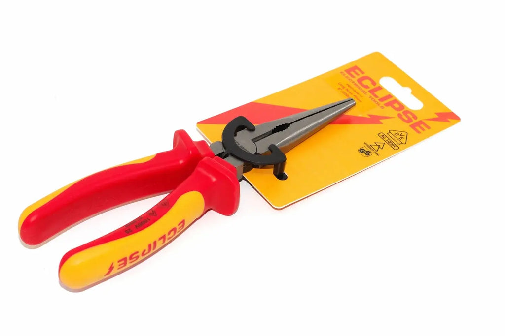 Eclipse 8" VDE long nose pliers by Cherry Tree Tools with red and yellow insulated grips for electrical work
