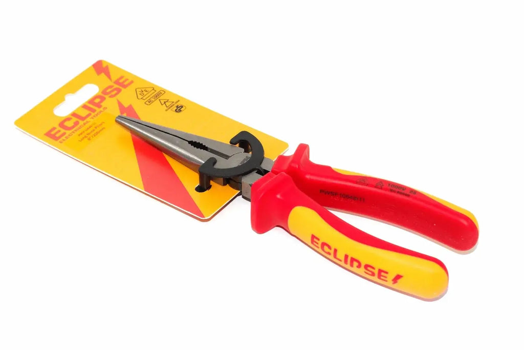 Eclipse 8" VDE long nose pliers by Cherry Tree Tools with red and yellow insulated grips for live-wire work