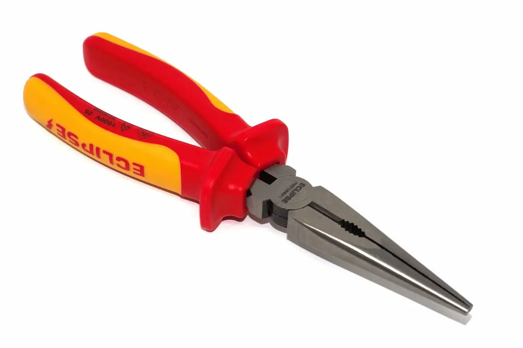 Eclipse 8" VDE long nose pliers by Cherry Tree Tools with red and yellow insulated handles