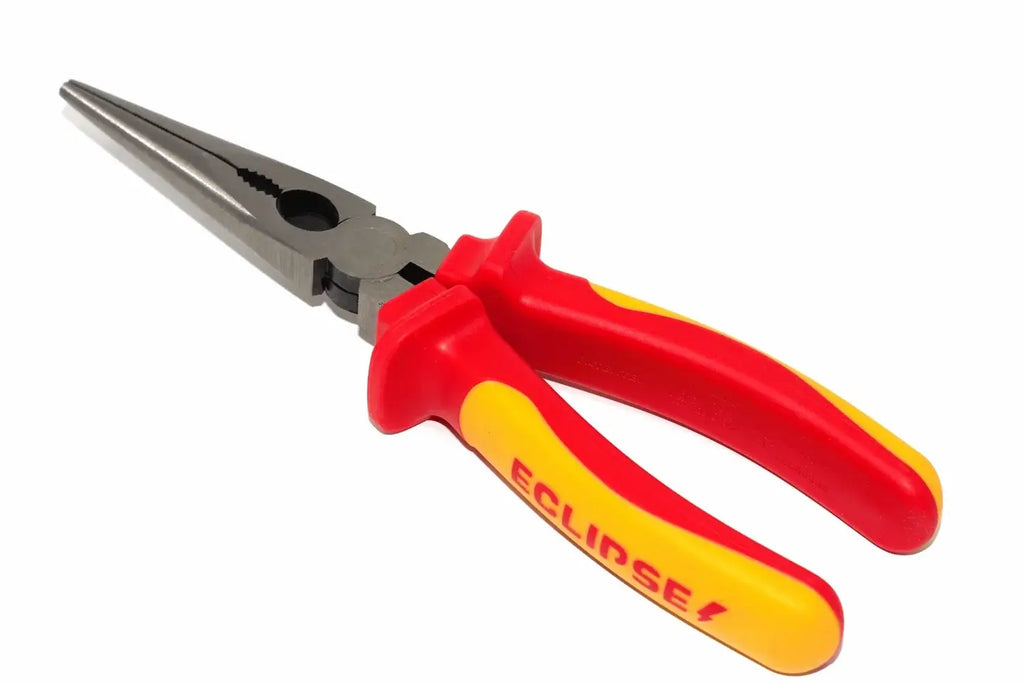 Eclipse 8" VDE long nose pliers by Cherry Tree Tools with red and yellow insulated grips