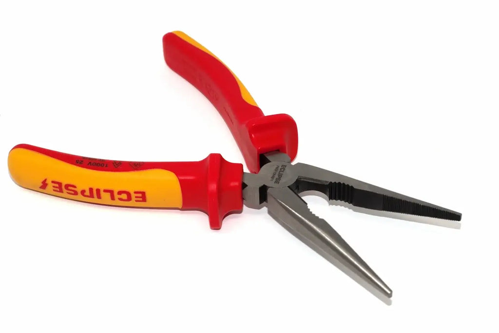 Eclipse 8" VDE long nose pliers by Cherry Tree Tools with red and yellow insulated grips for live electrical work