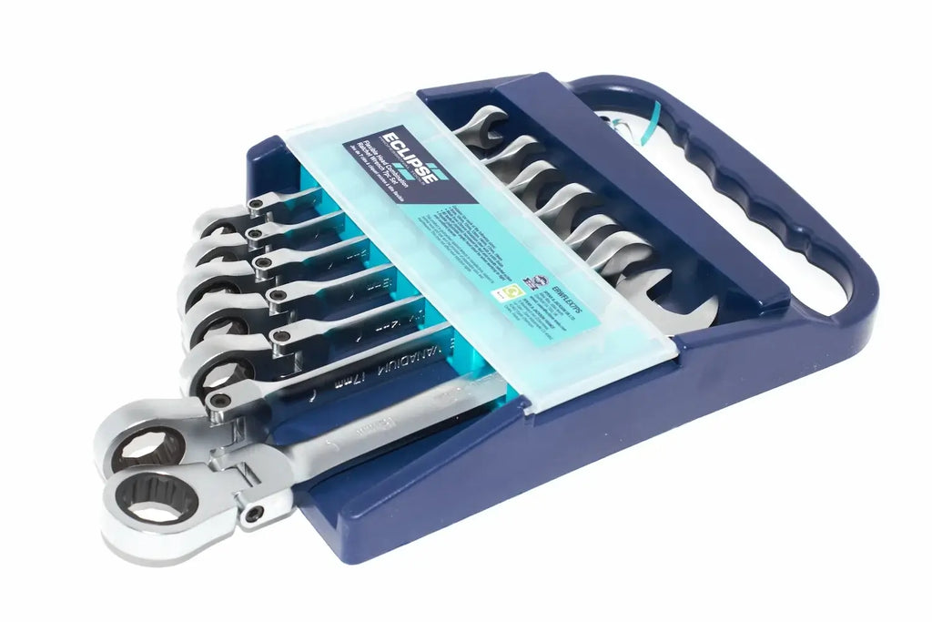 Eclipse Flex Combination Spanner set by Cherry Tree Tools in blue with flex ring ends for confined spaces