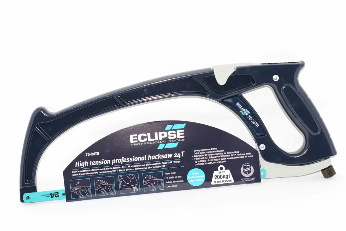 Eclipse Professional Hacksaw High Tension by Cherry Tree Tools, blue and black high tension hacksaw with quick change mechanism