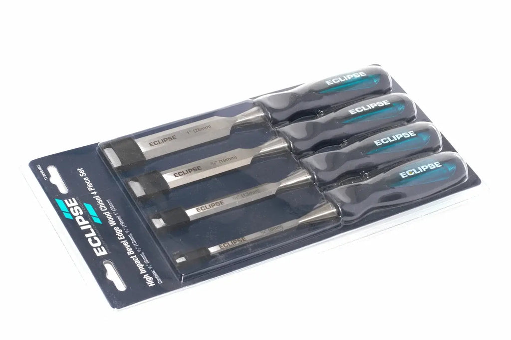 Eclipse Professional 4pc Wood Chisel Set by Cherry Tree Tools with chrome vanadium steel blades and PVC soft feel handles