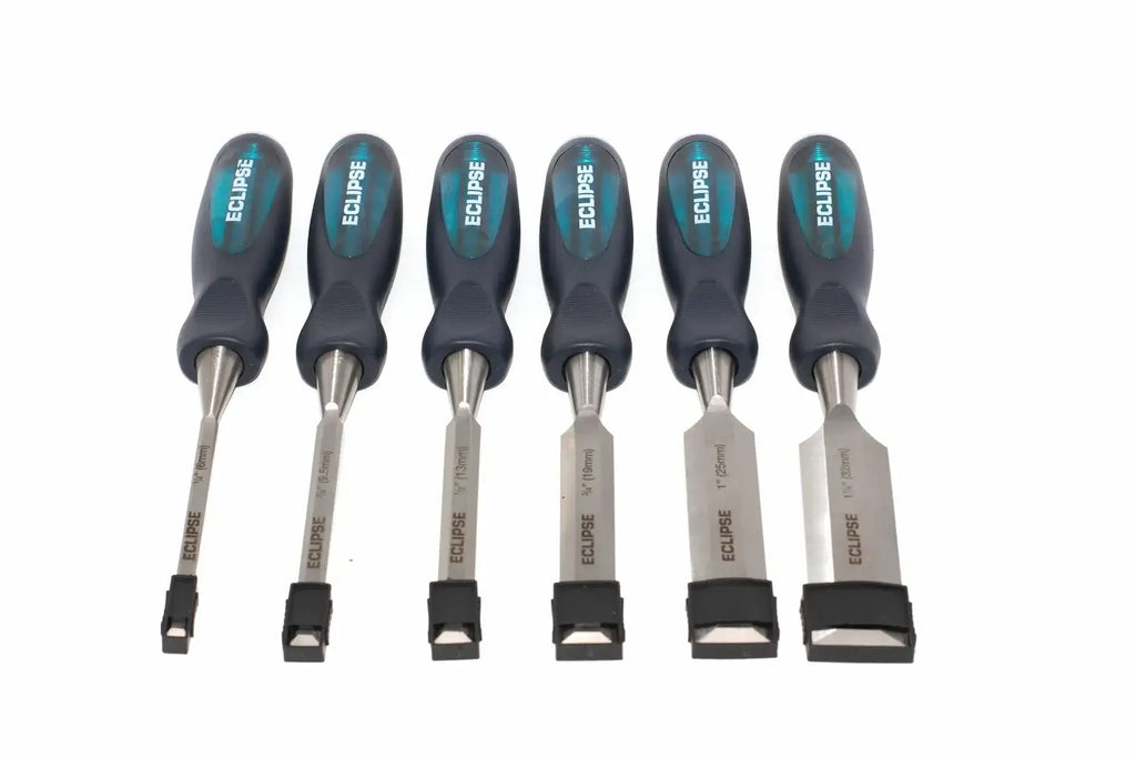 Eclipse Professional 6pc Wood Chisel Set by Cherry Tree Tools, black soft grip handles and chrome vanadium blades