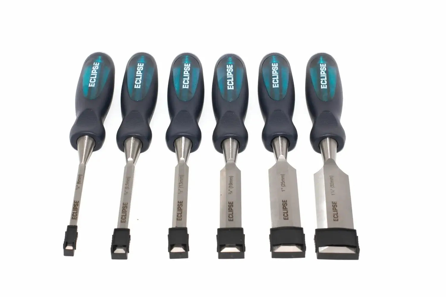 Eclipse Professional 6pc Wood Chisel Set by Cherry Tree Tools, black soft grip handles and chrome vanadium blades