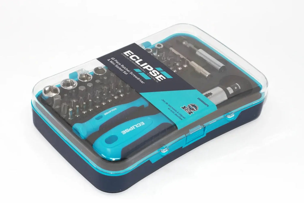 Eclipse Ratchet Screwdriver & Socket Set by Cherry Tree Tools in blue and black with mini sockets