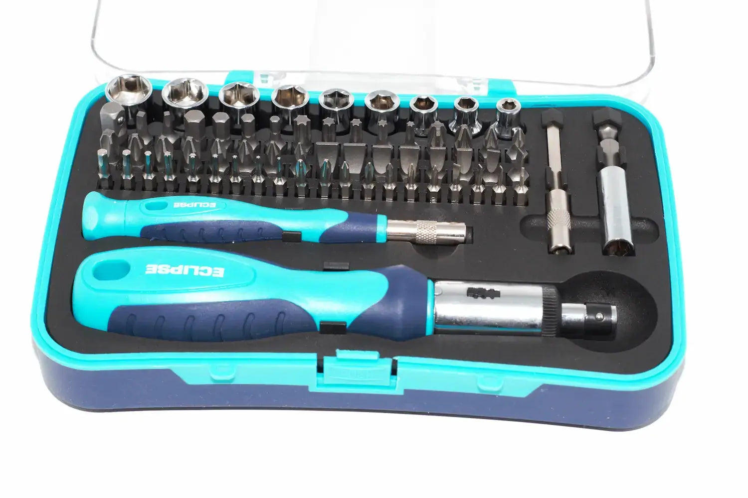 Eclipse Ratchet Screwdriver & Socket Set by Cherry Tree Tools, turquoise and black, ergonomic soft feel handle