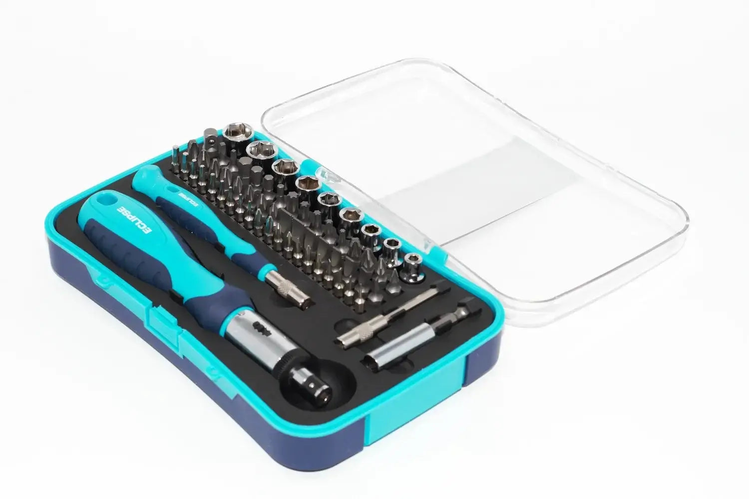 Eclipse Ratchet Screwdriver & Socket Set by Cherry Tree Tools, blue and navy with ergonomic soft feel handle