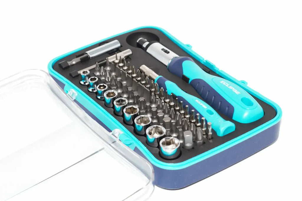 Eclipse Ratchet Screwdriver & Socket Set by Cherry Tree Tools in teal and blue with ergonomic soft feel handle