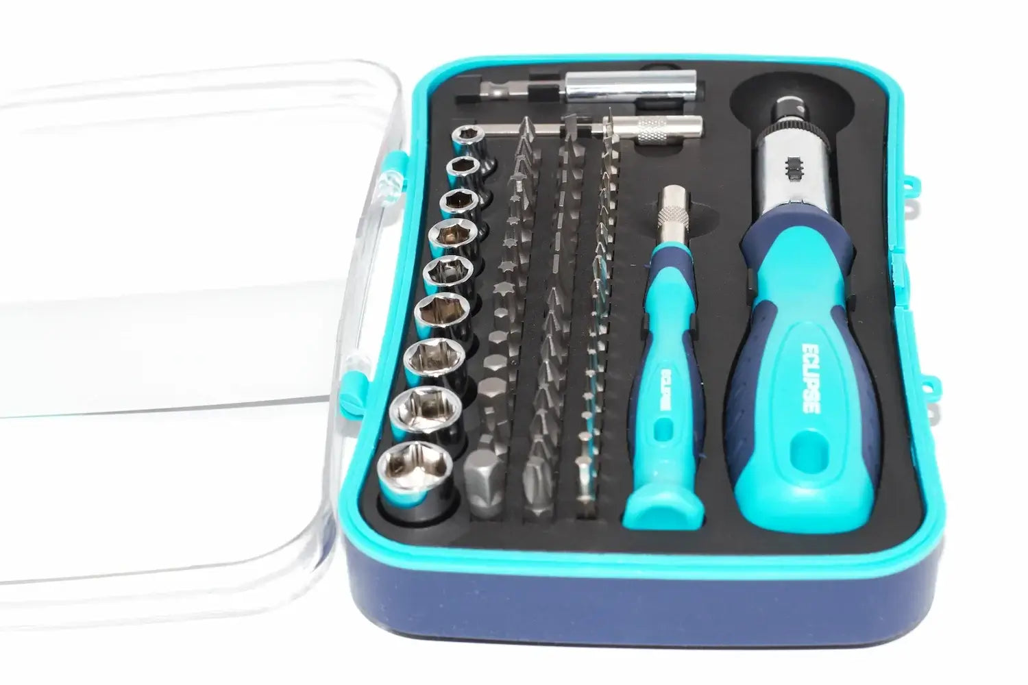 Eclipse Ratchet Screwdriver & Socket Set by Cherry Tree Tools with mini sockets and turquoise soft grip