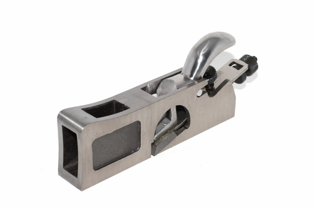 Faithfull 3 in 1 shoulder plane 27mm with a brushed silver finish, featuring a curved lever handle, adjustment knobs, and a rectangular slot opening, shown on a plain white background.
