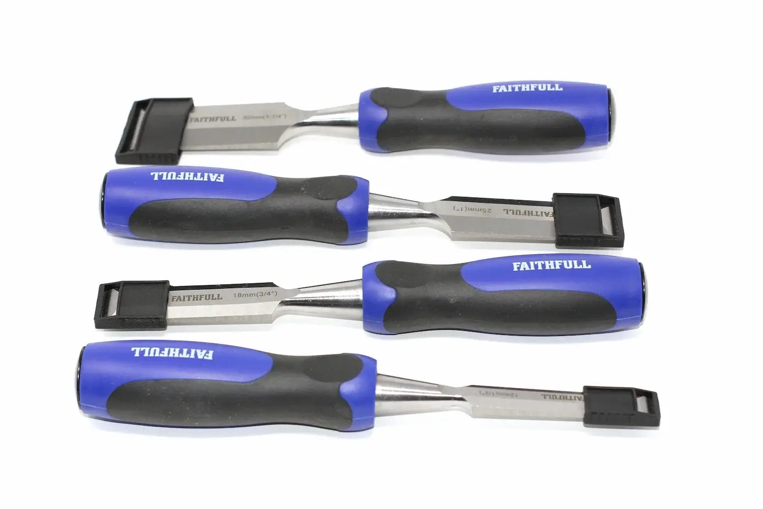 Faithfull 4pc Butt Chisels Set bevel edge by Cherry Tree Tools with chrome vanadium steel blades and soft grip handles